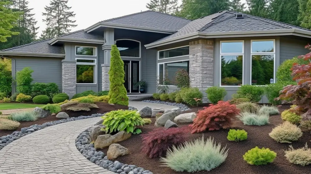 residential home with landscaping in ponderosa pines